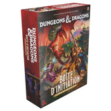 Boîte d'initiation Donjons & Dragons Les Héros des Confins du Pays en français, illustrant un immense dragon rouge affrontant des aventuriers armés d'épées et de magie dans une forêt fantastique.