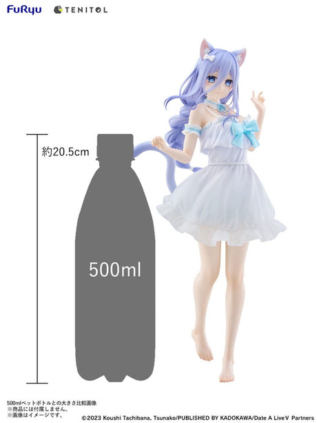 Statuette PVC Date A Live V Tenitol Tall Mio Takamiya par FuRyu, avec robe blanche, oreilles de chat, queue et cheveux lavande.