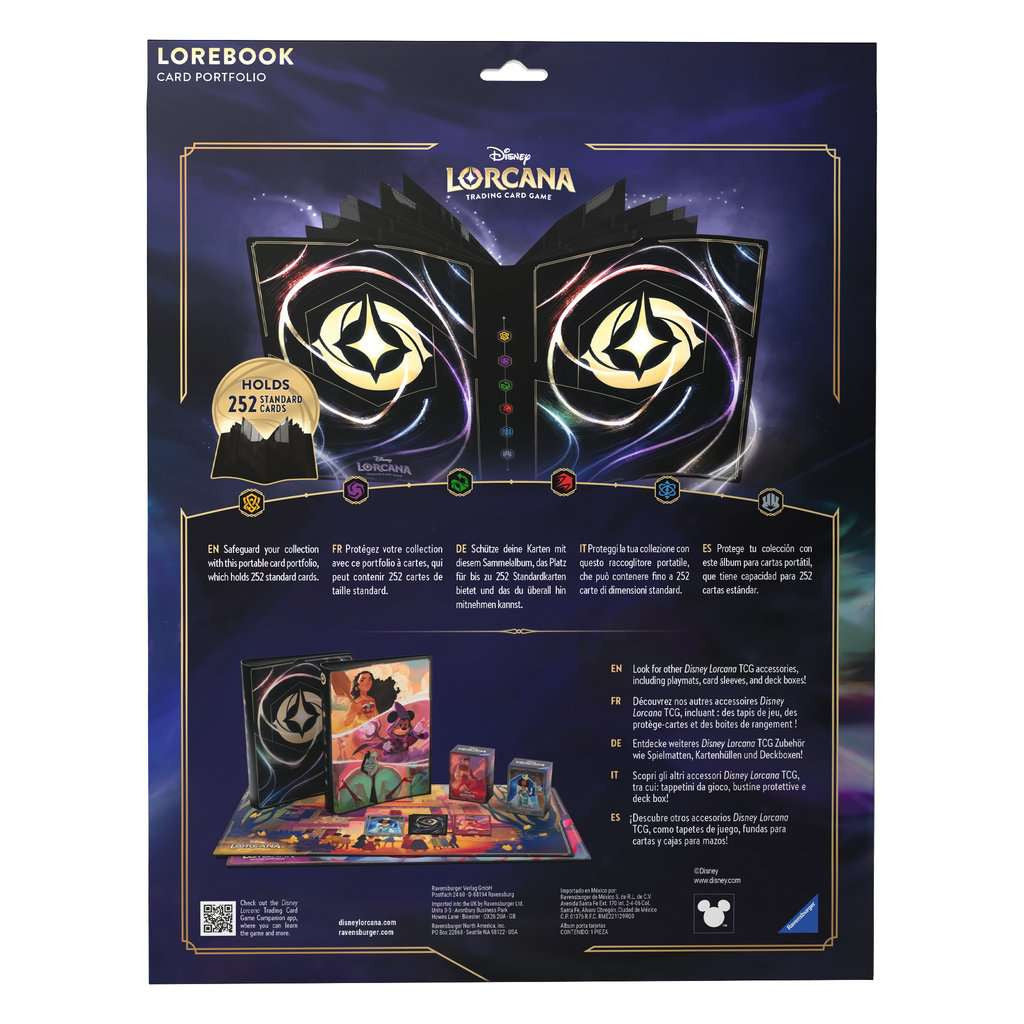 Album de collection Disney Lorcana ouvert avec motif officiel Lorcana noir et doré, conçu pour ranger et protéger les cartes du JCC Disney Lorcana.