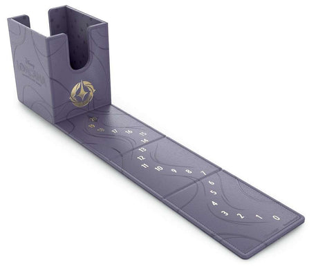 Boîte de rangement Ultra Pro Disney Lorcana gris-violet avec logo doré, conçue pour protéger et transporter des decks de cartes.