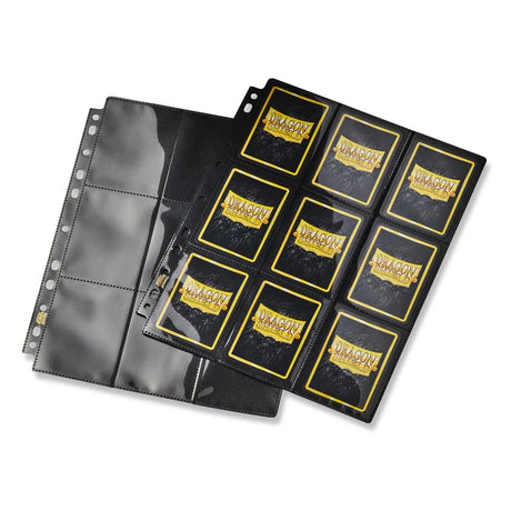 Boîte Dragon Shield contenant 50 pages à 18 pochettes sideloaded, fond noir, pour classeur de cartes à collectionner.