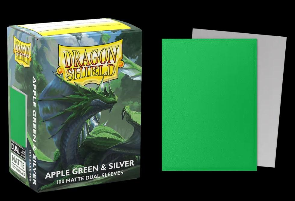 Boîte Dragon Shield Dual Matte Apple Green & Silver contenant 100 protège-cartes standard vert pomme avec intérieur argenté et finition mate.