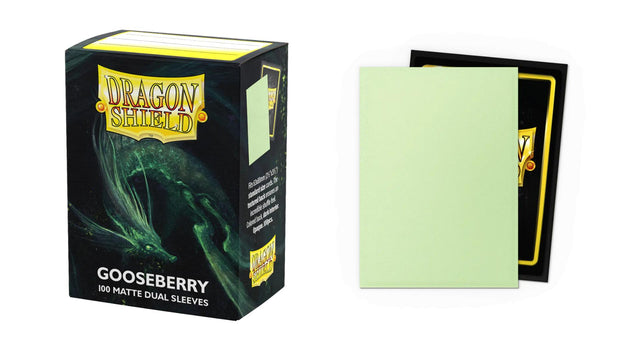 Boîte Dragon Shield Dual Matte Gooseberry contenant 100 protège-cartes standard vert pastel avec intérieur noir et finition mate.
