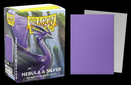 Boîte Dragon Shield Dual Matte Nebula & Silver contenant 100 protège-cartes standard violets avec intérieur argenté et finition mate.