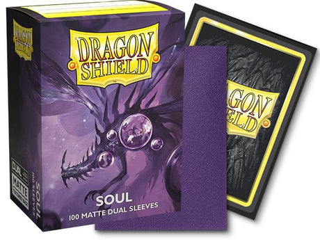 Boîte Dragon Shield Dual Matte Soul contenant 100 protège-cartes standard violets avec intérieur noir et finition mate.
