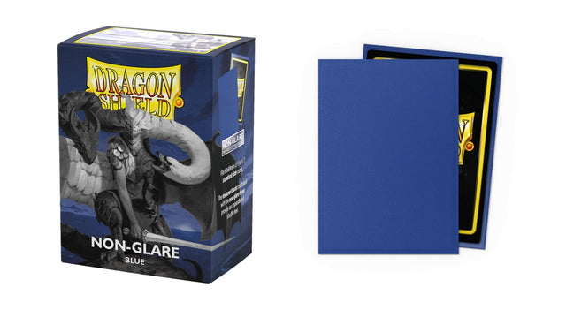 Boîte Dragon Shield Matte Non-Glare Blue contenant 100 protège-cartes standard bleus avec finition mate anti-reflets.