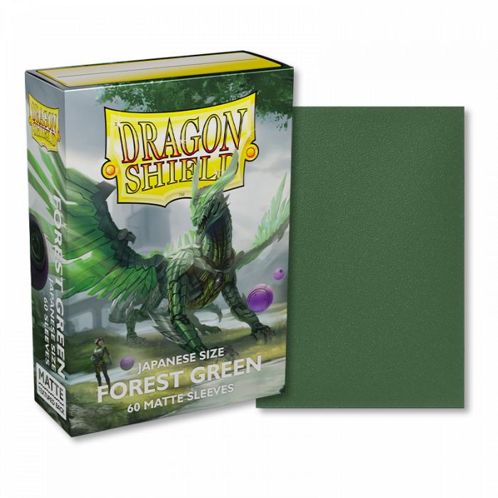 Boîte de 60 protège-cartes Dragon Shield Forest Green Matte au format japonais Mini, avec illustration d'un dragon vert et aperçu d'une sleeve vert forêt à finition mate, idéale pour Yu-Gi-Oh!.