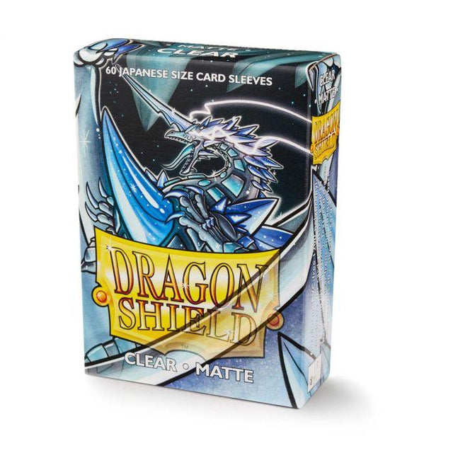 Boîte de 60 protège-cartes Dragon Shield Clear Matte au format japonais Mini, avec illustration d'un dragon bleu argenté, logo Dragon Shield doré et finition transparente mate pour cartes Yu-Gi-Oh!.