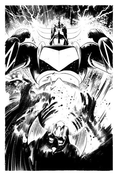 Sérigraphie noir et blanc de Goldorak en pleine action, illustration puissante inspirée de l’œuvre de Go Nagai.