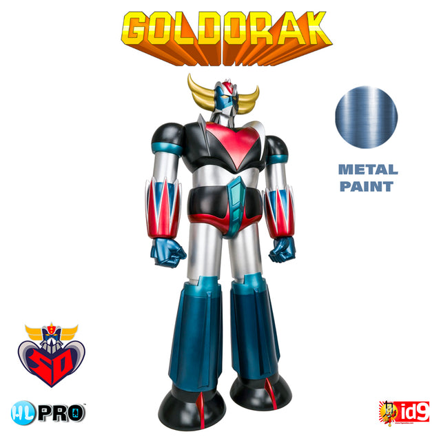 Figurine Goldorak 60 cm Metallic Touch avec finition métal, couleurs bleu, rouge, noir et argent, logo Goldorak en haut.