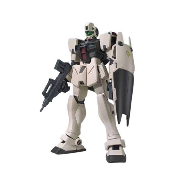 Modèle Gunpla HG 1/144 RGM-79G GM Command beige avec bouclier noir et fusil, kit Bandai de Mobile Suit Gundam.