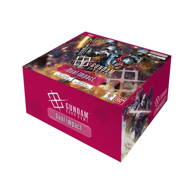 Boîte de 24 boosters GD02 Dual Impact du Gundam Card Game – visuel de la boîte rouge avec Mobile Suits emblématiques et logos officiels Bandai.