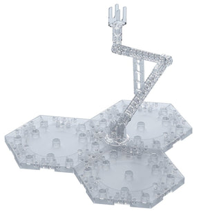 Socle transparent Action Base 4 Clear pour Gunpla avec grande base modulable et bras articulé sur fond blanc.