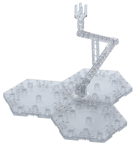 Socle transparent Action Base 4 Clear pour Gunpla avec grande base modulable et bras articulé sur fond blanc.
