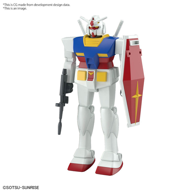 Maquette Gundam Gunpla Best Mecha Collection 1/144 RX-78-2 Gundam Revival par Bandai, robot blanc, bleu, rouge et jaune avec Beam Rifle noir et bouclier rouge sur fond blanc.