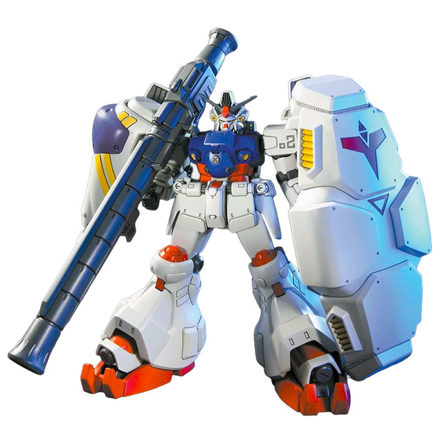 Maquette Gundam Gunpla HG 1/144 RX-78GP02A Physalis, Mobile Suit blanc et bleu avec lance-bazooka imposant, grand bouclier, épaulières massives et détails rouges et jaunes.