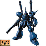 Maquette Gunpla HG 1/144 Kämpfer bleue avec épaules à pointes, fusil et grands propulseurs dorsaux sur fond blanc.