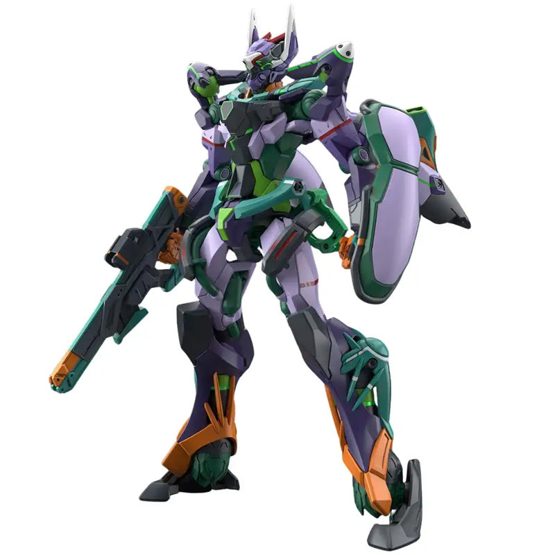 Maquette Gunpla HG 1/144 GFreD Gundam GQuuuuuuX violette, verte et orange avec fusil et bouclier sur fond blanc.