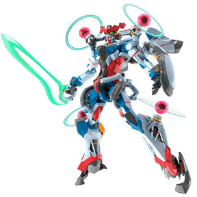 Maquette Gunpla HG 1/144 GQuuuuuuX Endymion Unit Awakened avec épée verte translucide, éléments orbitaux et armure colorée.