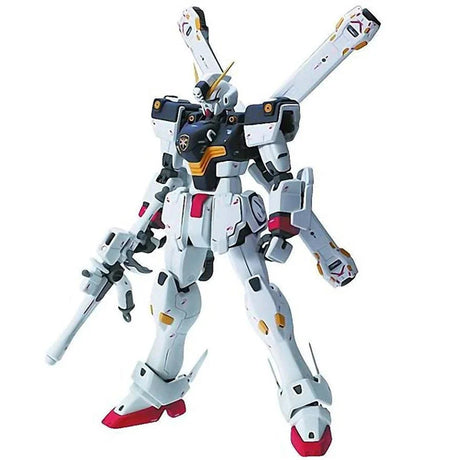 Maquette Gunpla MG 1/100 Crossbone Gundam X-1 Ver. Ka blanche et noire avec fusil et propulseurs en croix sur fond blanc.