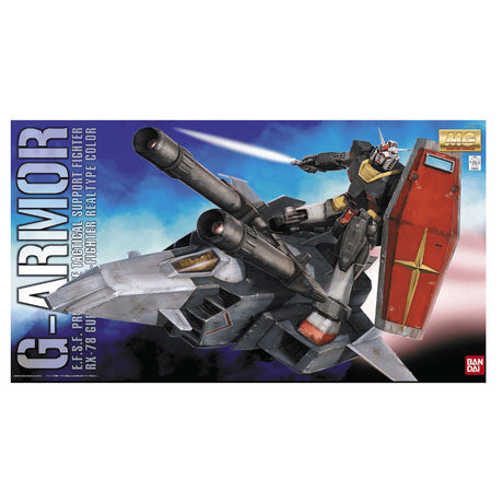 Maquette Gunpla MG 1/100 G-Armor Real Type Color Ver. avec RX-78-2 Gundam noir et rouge et véhicule G-Armor gris.