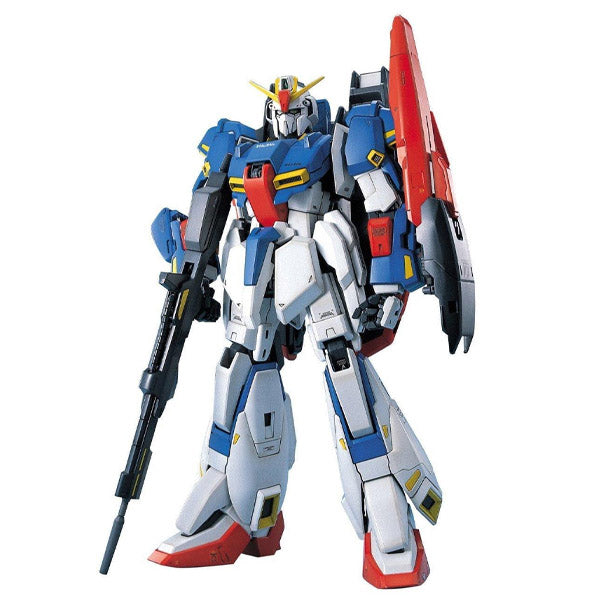 Maquette Gunpla PG 1/60 Zeta Gundam bleue, blanche, rouge et jaune avec fusil et bouclier, sur fond blanc.