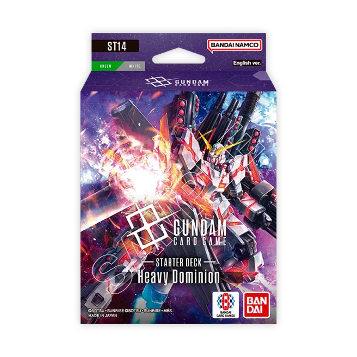 Starter Deck Gundam Card Game ST14 Heavy Dominion en version anglaise, deck Green/White avec illustration d’un Gundam lourdement armé en pleine attaque.