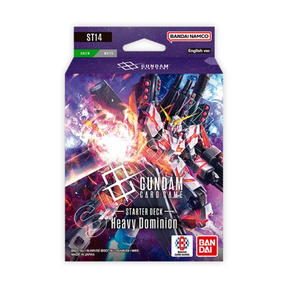 Starter Deck Gundam Card Game ST14 Heavy Dominion en version anglaise, deck Green/White avec illustration d’un Gundam lourdement armé en pleine attaque.