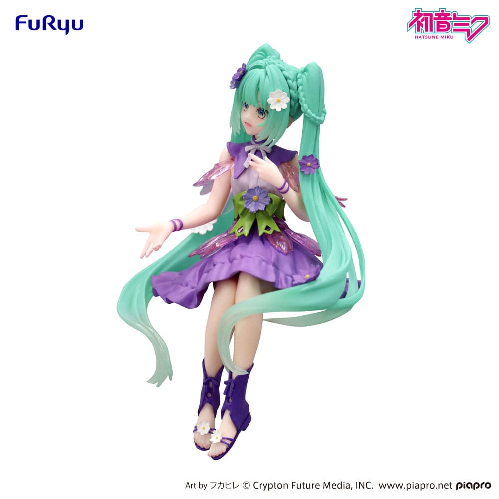 Figurine Hatsune Miku Flower Fairy Cosmos Purple assise avec robe violette et fleurs décoratives cheveux turquoise