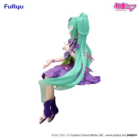 Figurine Hatsune Miku Flower Fairy Cosmos Purple assise avec robe violette et fleurs décoratives cheveux turquoise