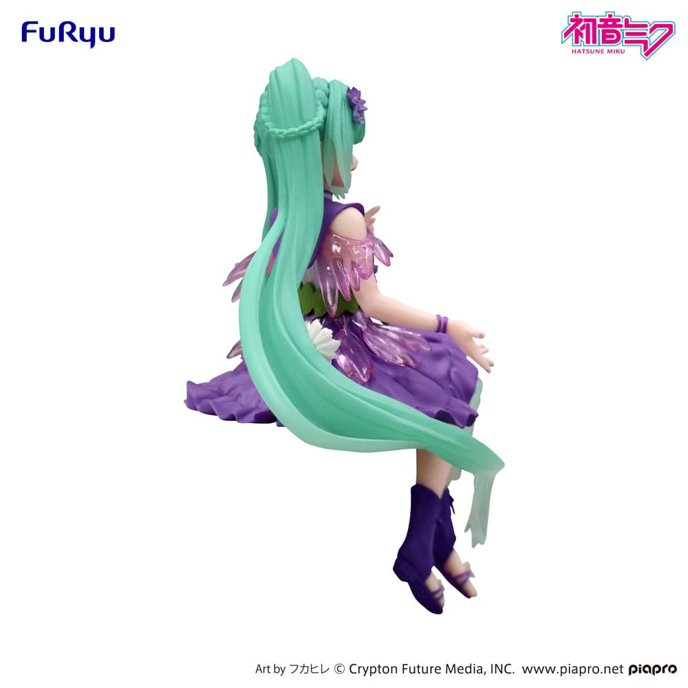Figurine Hatsune Miku Flower Fairy Cosmos Purple assise avec robe violette et fleurs décoratives cheveux turquoise