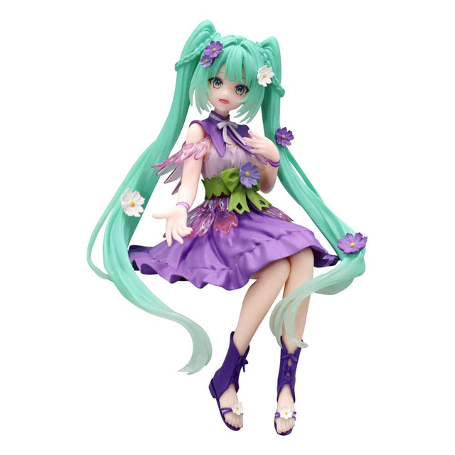 Figurine Hatsune Miku Flower Fairy Cosmos Purple assise avec robe violette et fleurs décoratives cheveux turquoise