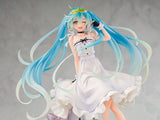 Figurine Hatsune Miku GT Project Vacation Style Ver. en PVC 1/7, avec robe blanche, cheveux turquoise, valise et lunettes de soleil.