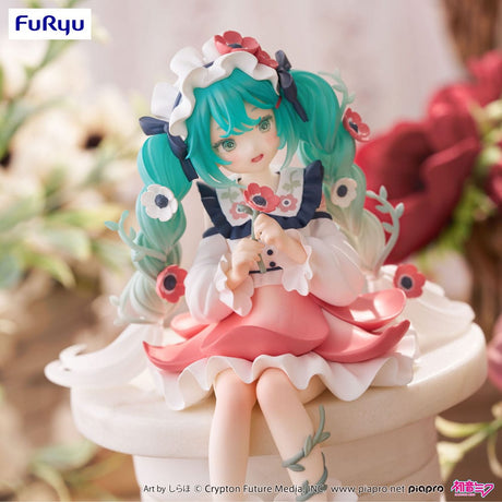 Figurine PVC Hatsune Miku Flower Fairy Anemone de 14 cm, version Noodle Stopper par FuRyu, représentant Miku assise dans une tenue florale pastel.