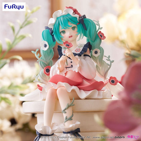 Figurine PVC Hatsune Miku Flower Fairy Anemone de 14 cm, version Noodle Stopper par FuRyu, représentant Miku assise dans une tenue florale pastel.