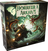 Boîte du jeu de société Horreur à Arkham V3 de Fantasy Flight Games, illustrant des investigateurs fuyant en voiture des créatures tentaculaires dans une ville sombre, sous une lumière verte surnaturelle.