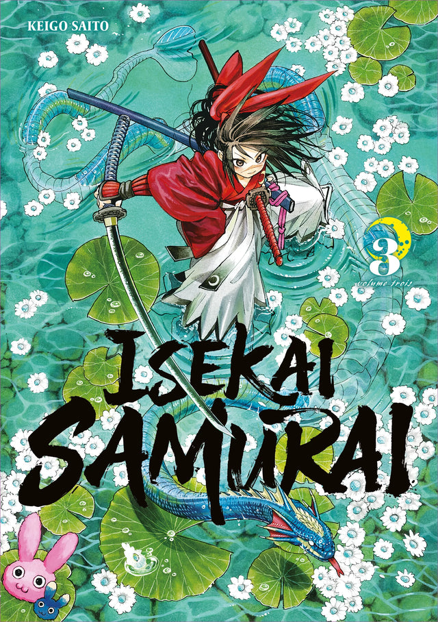 manga Isekai Samurai Tome 3, montrant un jeune samouraï en tenue rouge et blanche brandissant un sabre au-dessus d’un étang fleuri, entouré de nénuphars, d’un dragon aquatique et de petites créatures colorées.