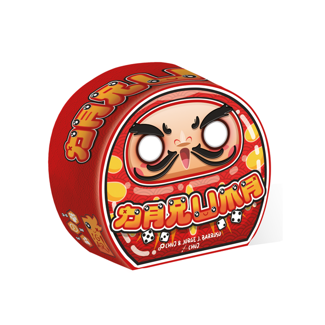 Boîte du jeu Daruma avec illustration rouge d’un daruma japonais, dés et graphismes colorés inspirés du Japon.