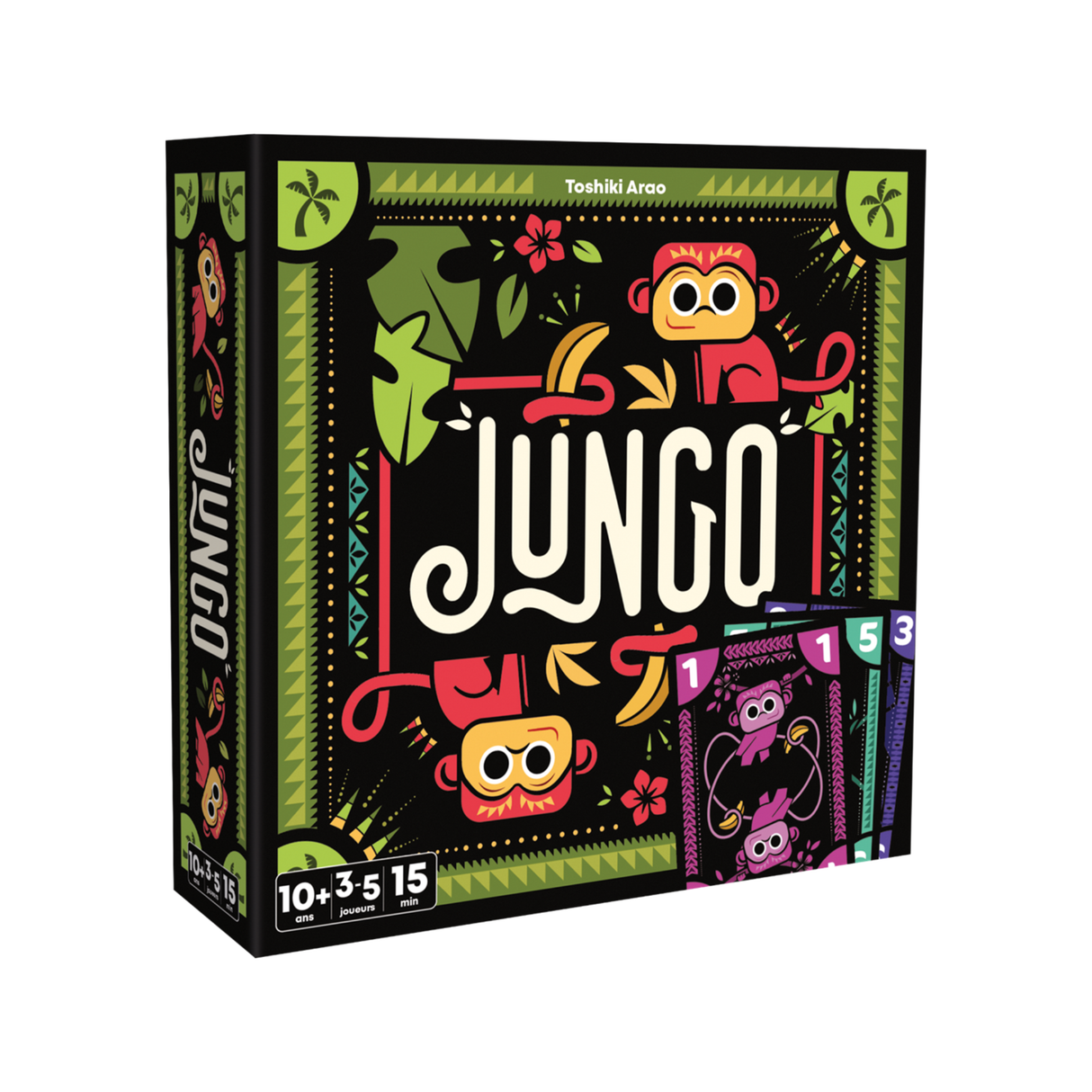 Boîte du jeu de cartes Jungo de Toshiki Arao, avec illustration de singes colorés sur fond jungle, pour 3 à 5 joueurs dès 10 ans.