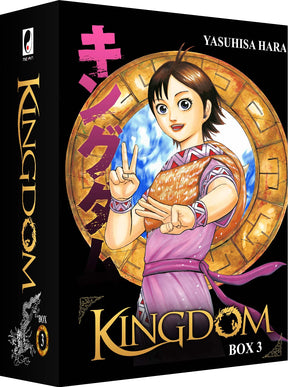 Coffret collector Kingdom Box 3 – tomes 21 à 30 avec illustration d’un personnage souriant faisant un signe de paix, série de Yasuhisa Hara.