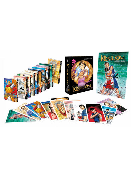 Coffret collector Kingdom Box 3 – tomes 21 à 30 avec illustration d’un personnage souriant faisant un signe de paix, série de Yasuhisa Hara.