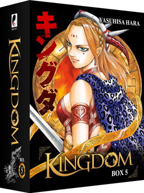 Coffret collector Kingdom Box 5 – tomes 41 à 50 avec personnage féminin en tenue guerrière, manga de Yasuhisa Hara.