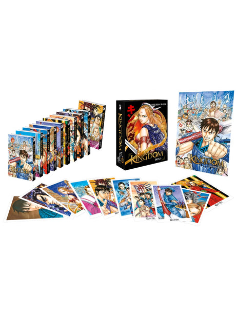 Coffret collector Kingdom Box 5 – tomes 41 à 50 avec personnage féminin en tenue guerrière, manga de Yasuhisa Hara.