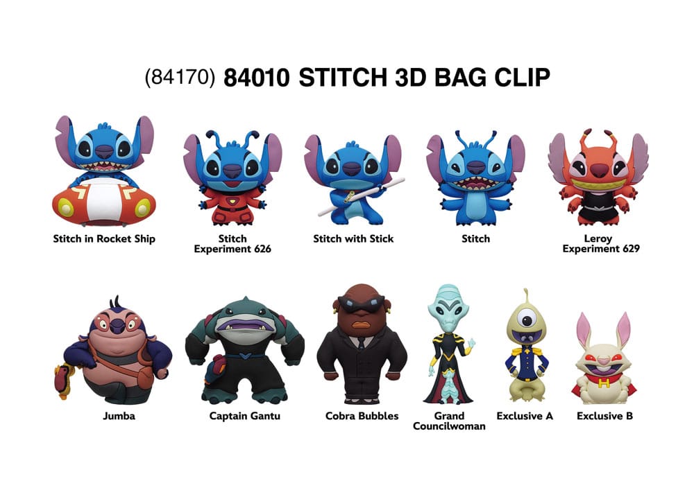 Disney Stitch in Space Collectible Bag Clip avec plusieurs personnages chibi Stitch et aliens, vendu en sachet mystère.