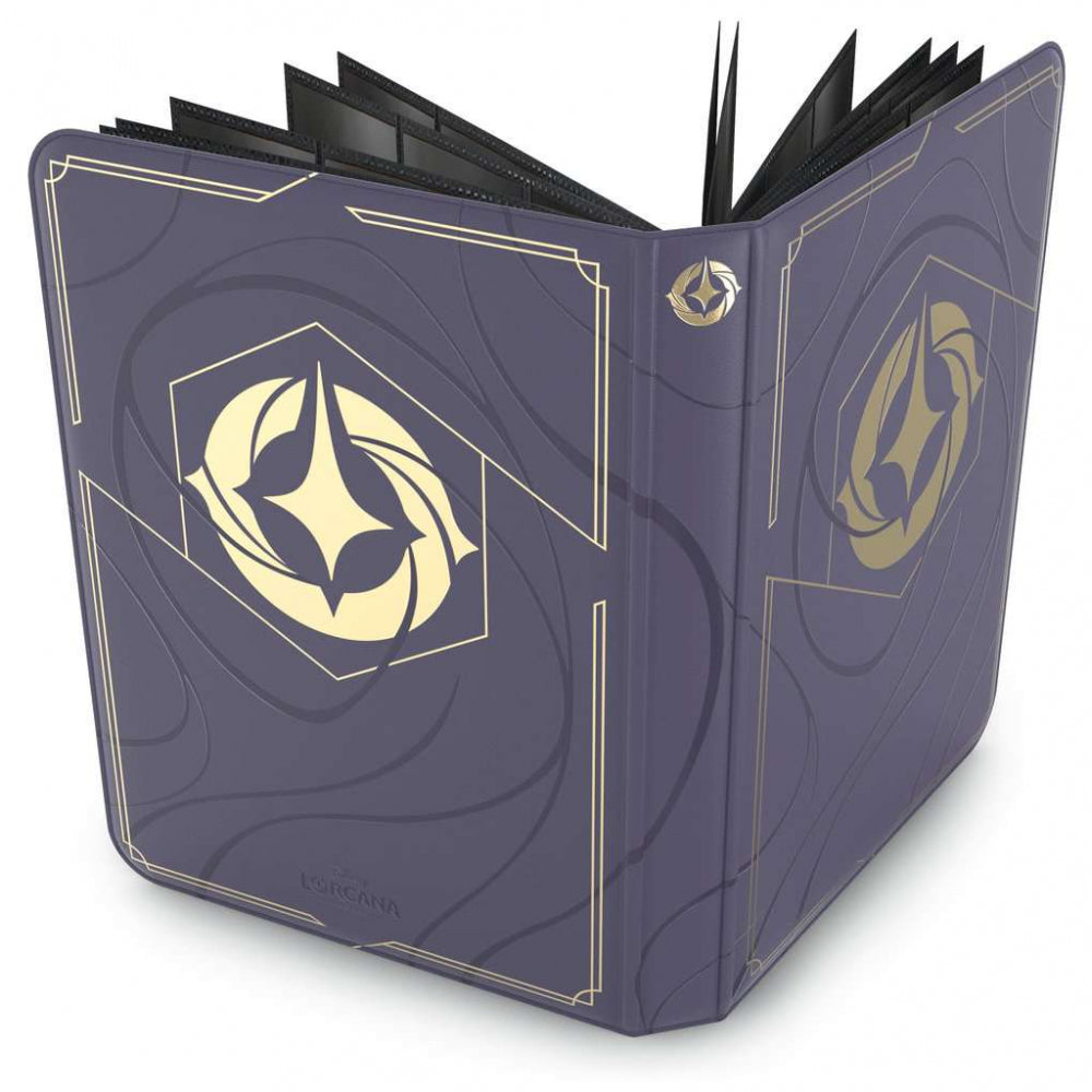 Portfolio Premium Pro-Binder 9 cases Disney Lorcana Ultra Pro gris-violet avec logo doré et pages intérieures noires.