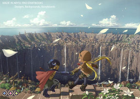 Illustration de Riko et Reg devant l’immense gouffre de l’Abysse, tirée du coffret Made in Abyss Trio d’Artbooks, regroupant designs, décors et storyboards.