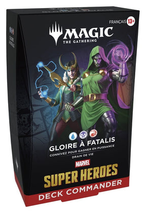 Boîte du Deck Commander Magic: The Gathering Marvel Super Heroes Gloire à Fatalis en français avec Fatalis et Loki sur fond sombre.
