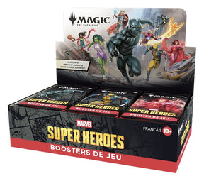 Display Magic: The Gathering Marvel Super Heroes en français avec boosters de jeu et personnages Marvel comme Black Panther, Wolverine et Iron Man.