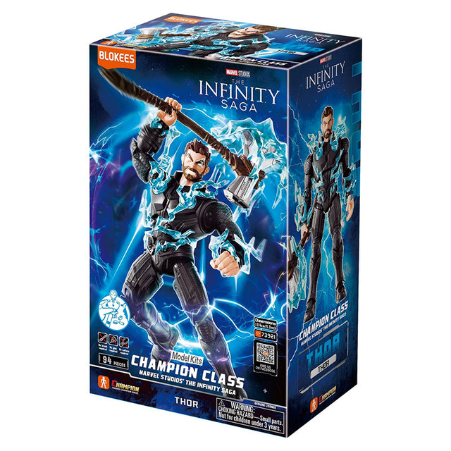 Boîte Marvel Blokees Champion Class Thor Infinity Saga avec le héros tenant Stormbreaker entouré d’éclairs bleus.