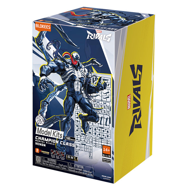 Boîte Marvel Rivals Blokees Champion Class Venom avec visuel du symbiote noir et blanc et tentacules, sur fond jaune et bleu.